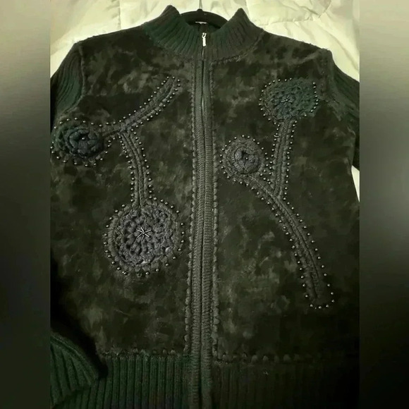 VTG Embroidered Beaded Wool Suede Fitted  Zip Up Jacket Sweater Grannycore Fun - Picture 15 of 16